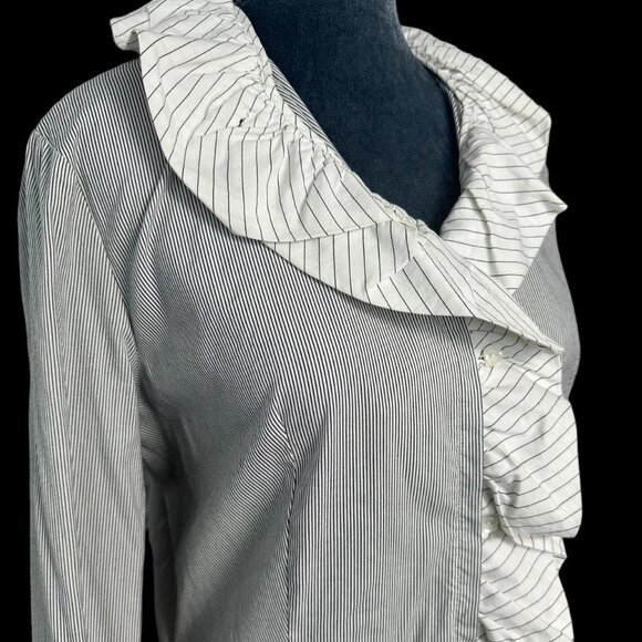 frilly pinstripe ruffle button up office wear shirt - Picture 2 of 8